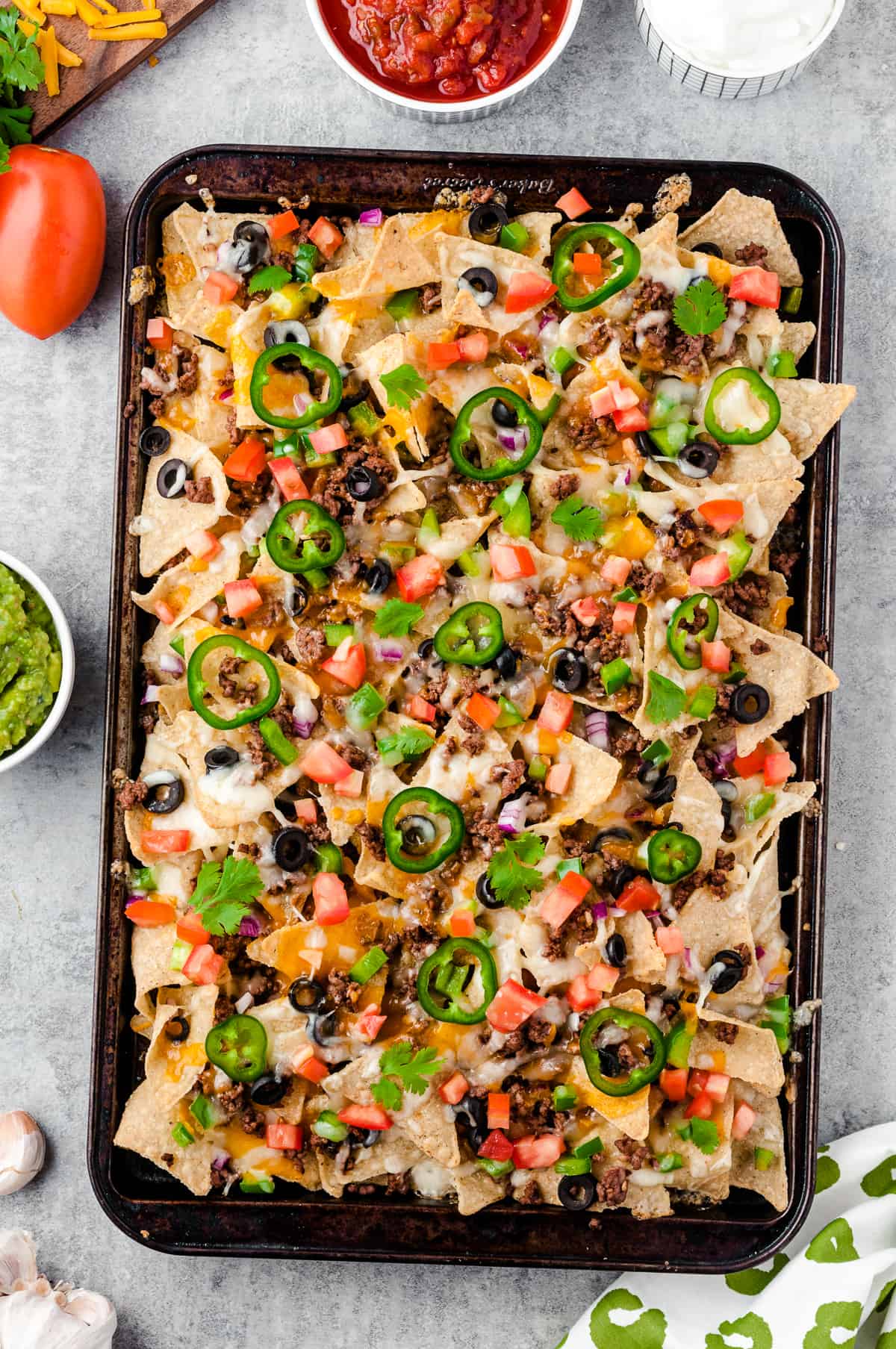 beef sheet pan nachos on sheet pan