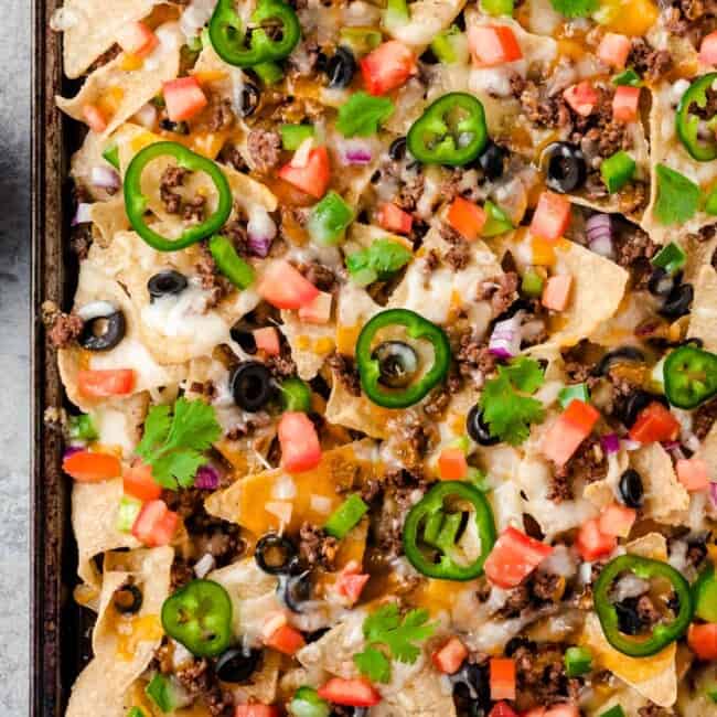 beef nachos on sheet pan