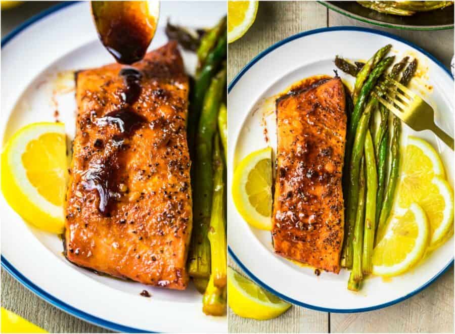 pouring sauce on honey garlic salmon