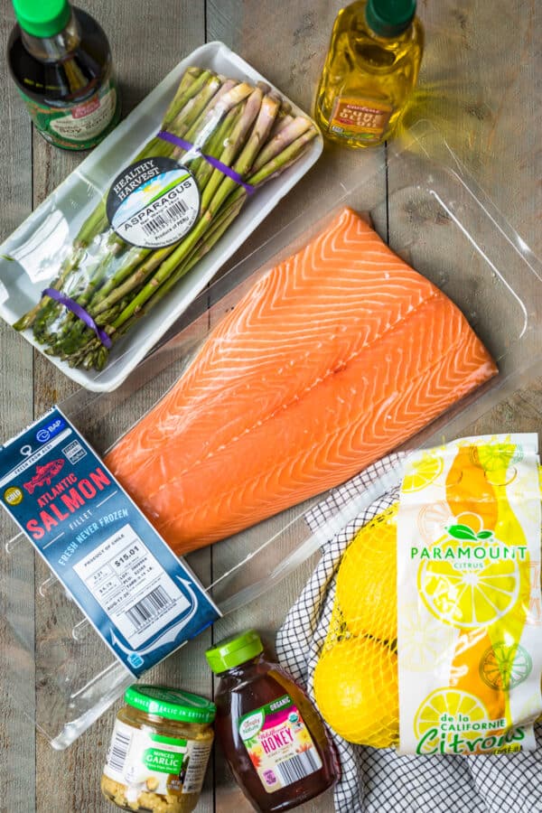 ingredients for how to make honey garlic salmon and asparagus
