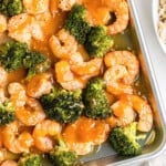 honey garlic shrimp and broccoli on sheet pan