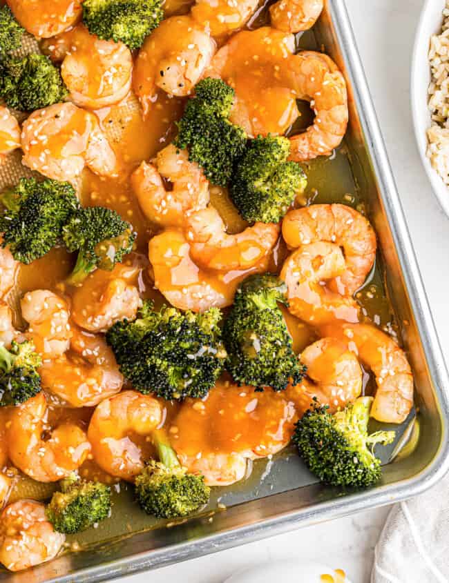 honey garlic shrimp and broccoli on sheet pan