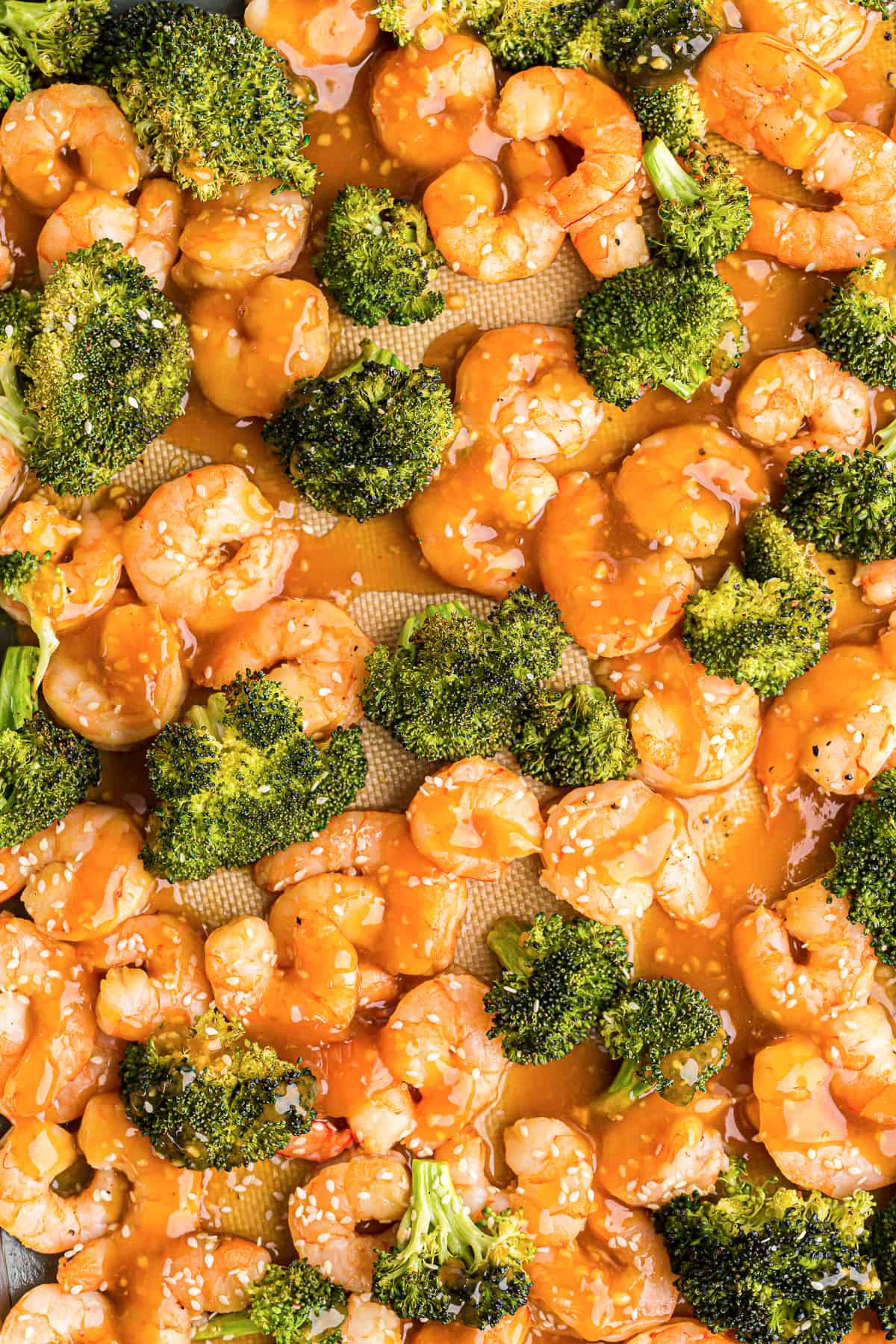 honey garlic shrimp and broccoli on sheet pan