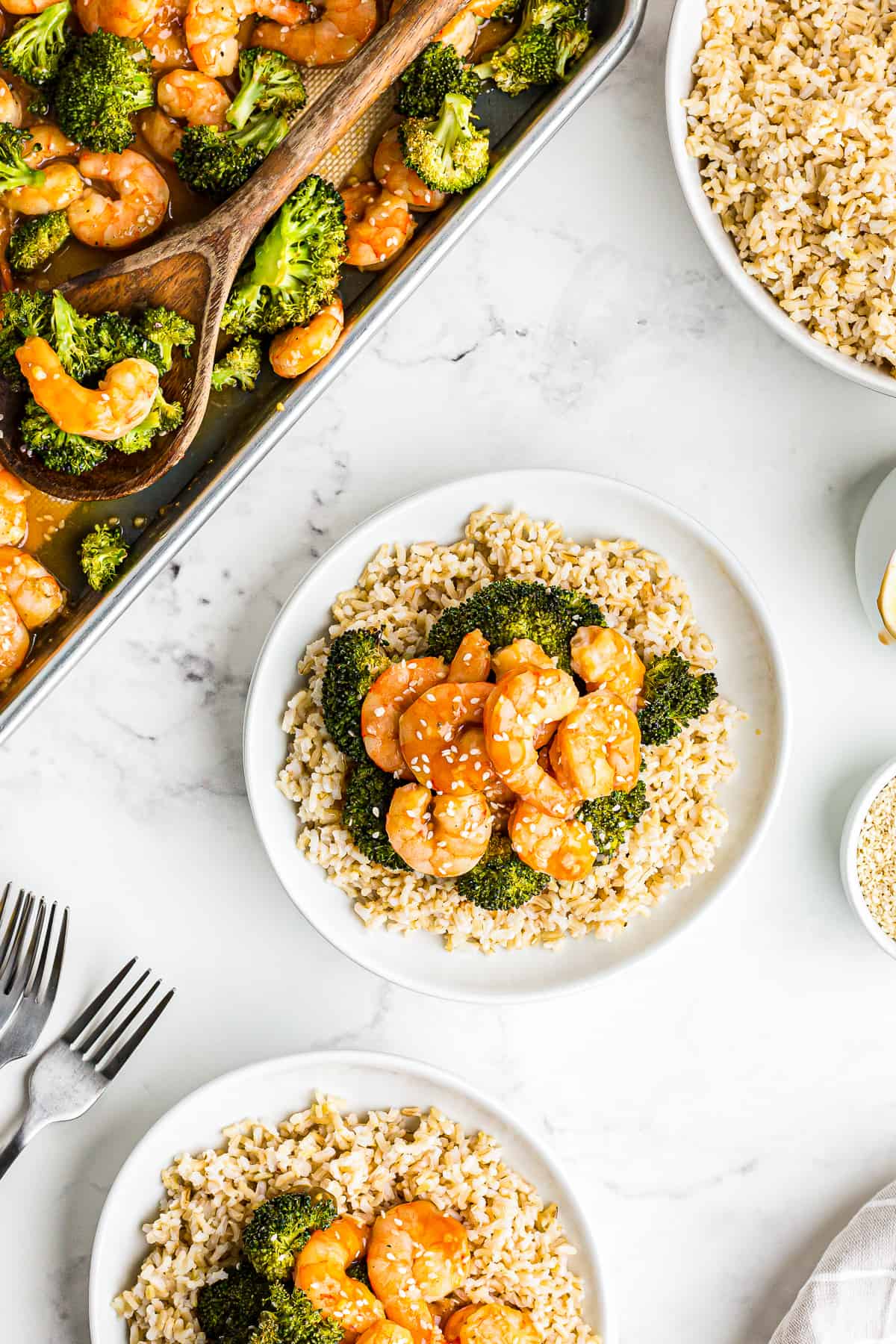 plated shrimp and broccoli over rice