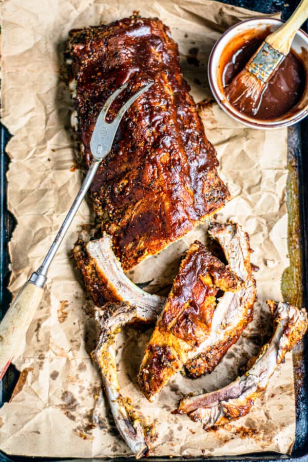 sliced ribs on parchment