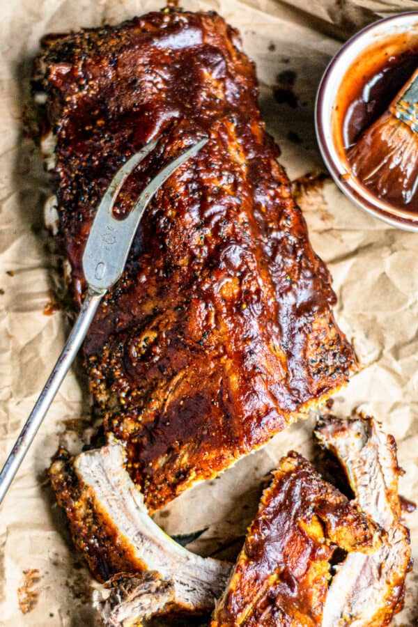 sliced instant pot ribs on parchment