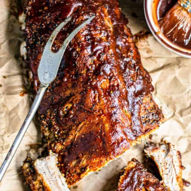 sliced instant pot ribs on parchment