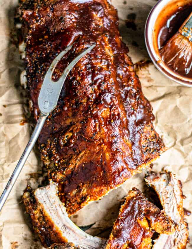 sliced instant pot ribs on parchment