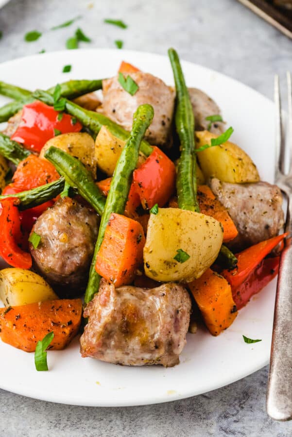 up close image of Italian Sausage, potatoes, vegetables