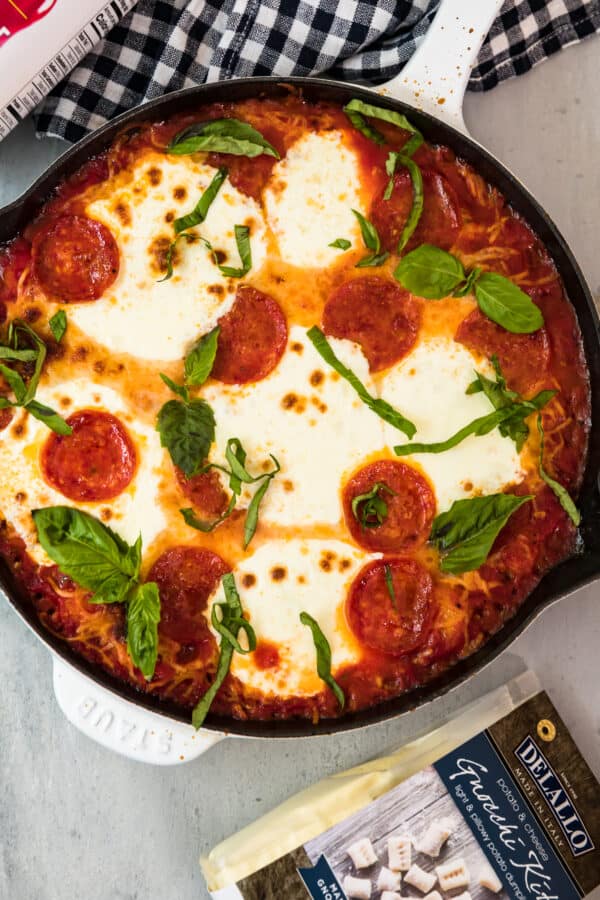 pepperoni pizza gnocchi bake in skillet