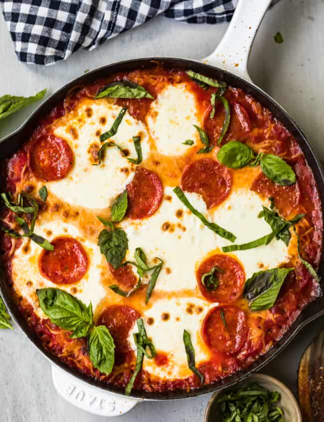 pepperoni pizza gnocchi bake in skillet