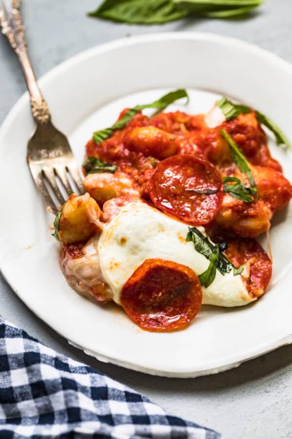 plate with pepperoni pizza gnocchi bake