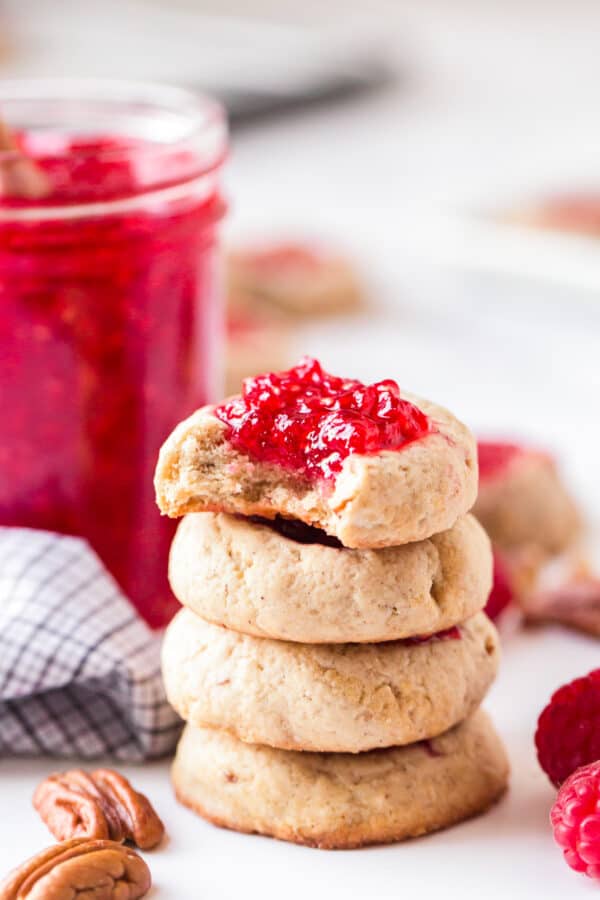 bite out of raspberry thumbprint cookies