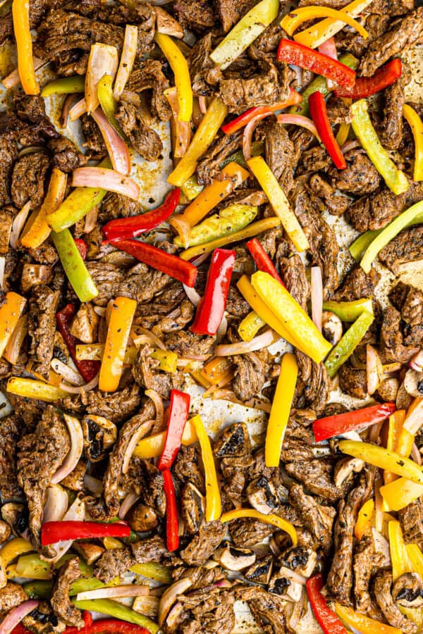 baked steak fajitas on sheet pan