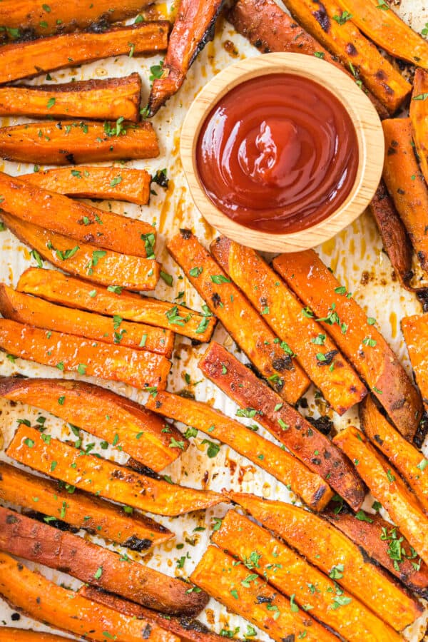 sweet potato fries baked on sheet pan