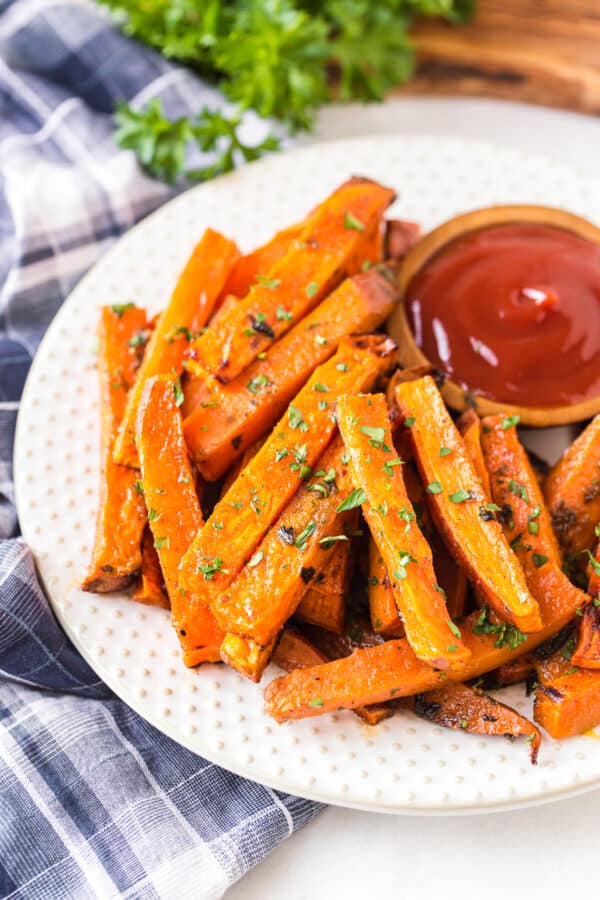 sweet potato fries on white plate