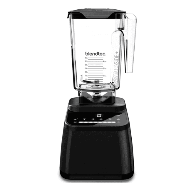 a black blender on a white background.