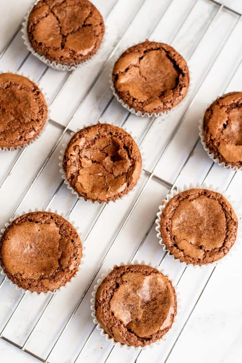 unfrosted brownie cupcakes on cooling rack