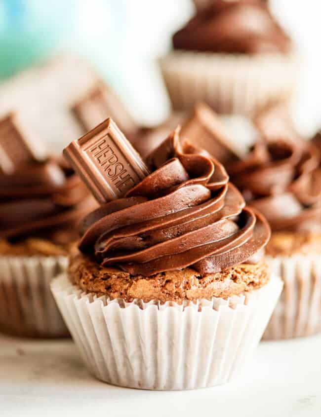 up close image of brownie cupcake with chocolate buttercream