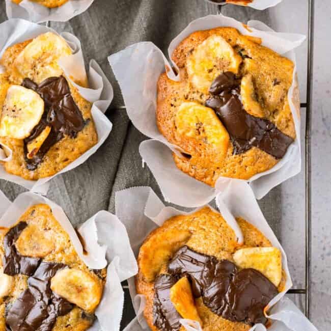 chocolate banana muffins in wrappers