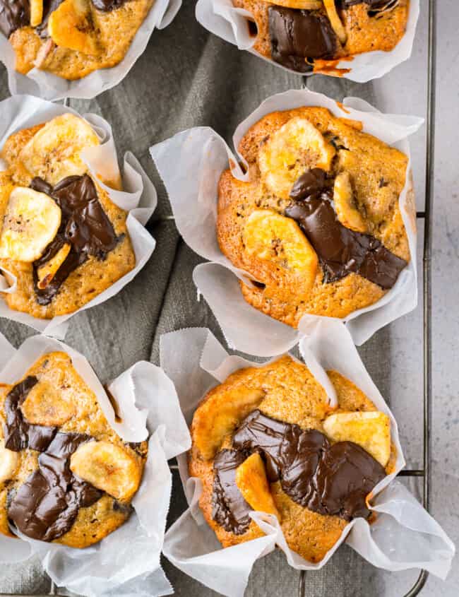 chocolate banana muffins in wrappers