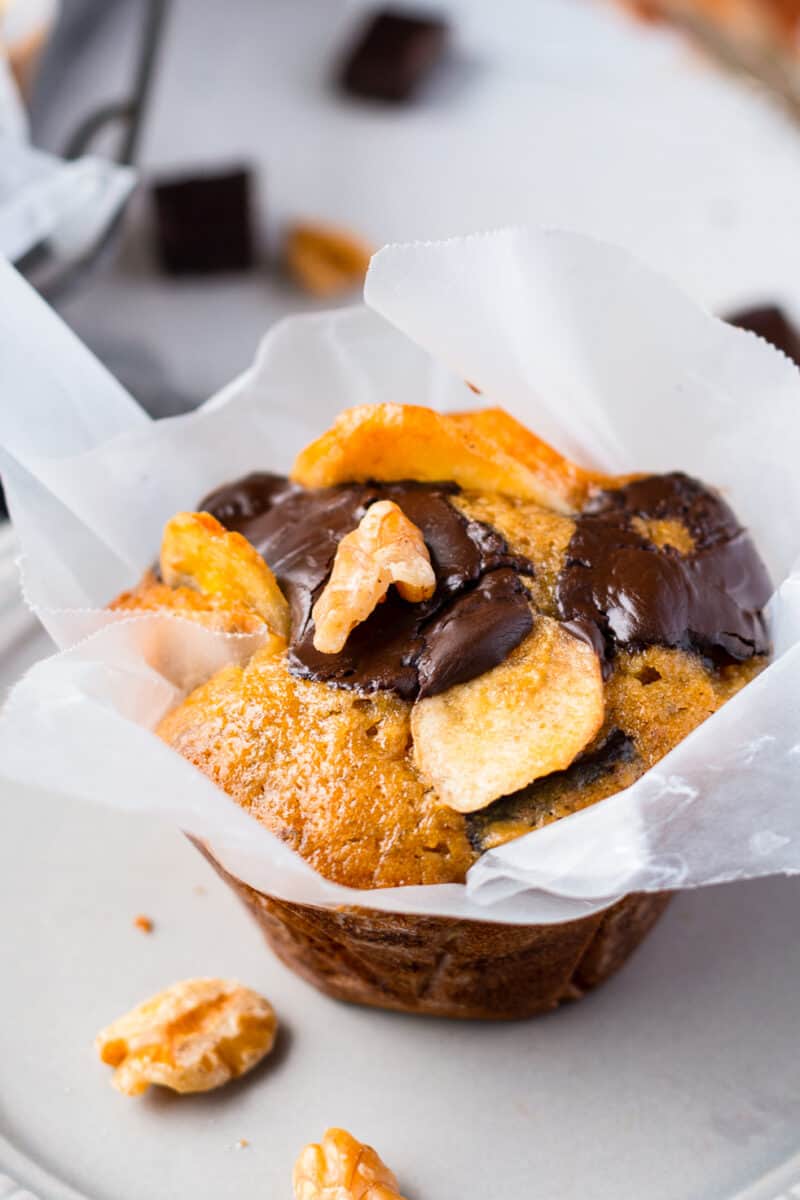 up close image of chocolate banana muffin