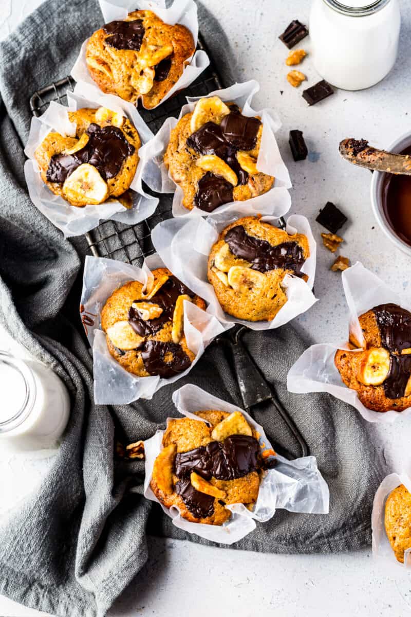 overhead image of banana muffins with chocolate chunks