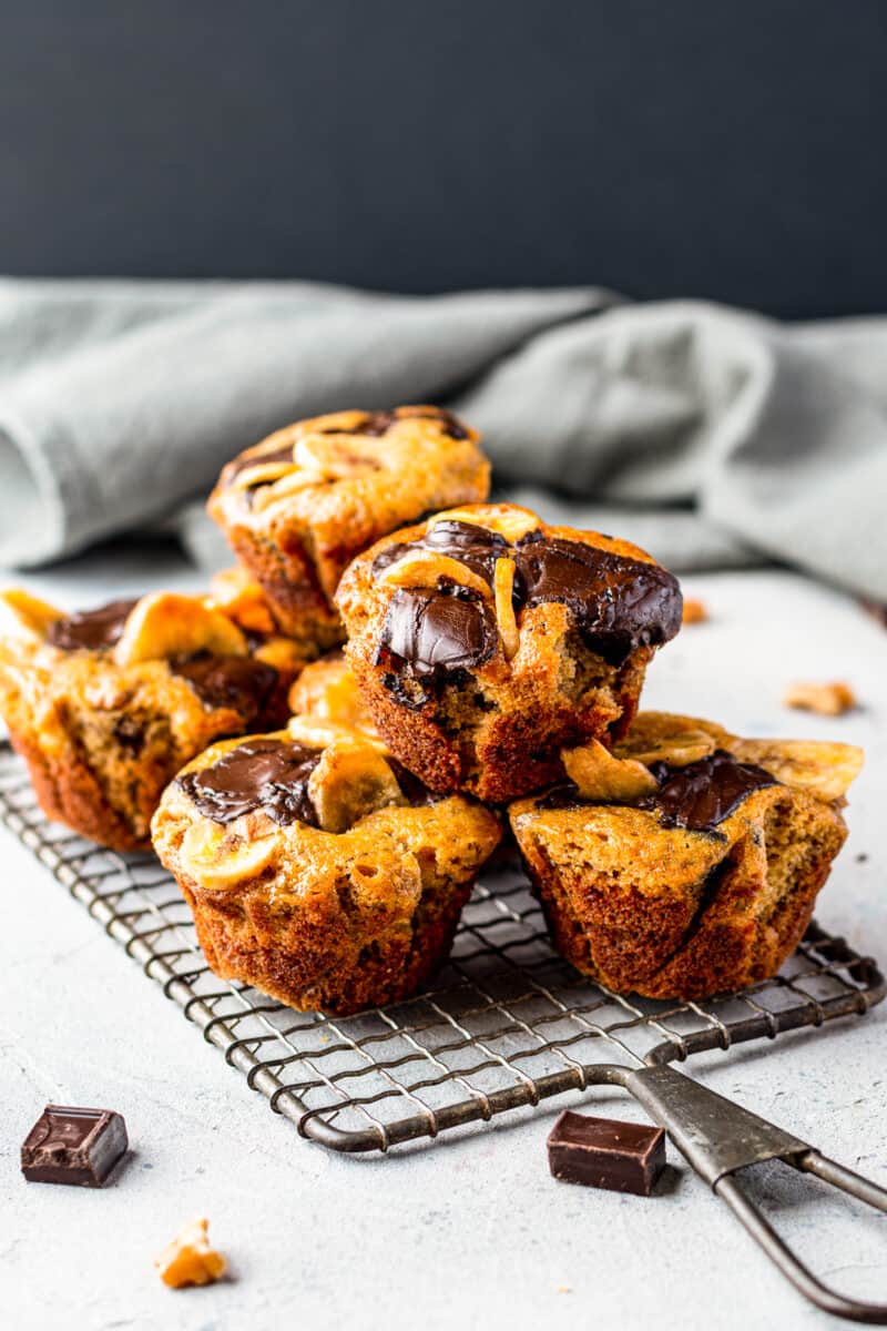 stacked banana muffins with chocolate chunks