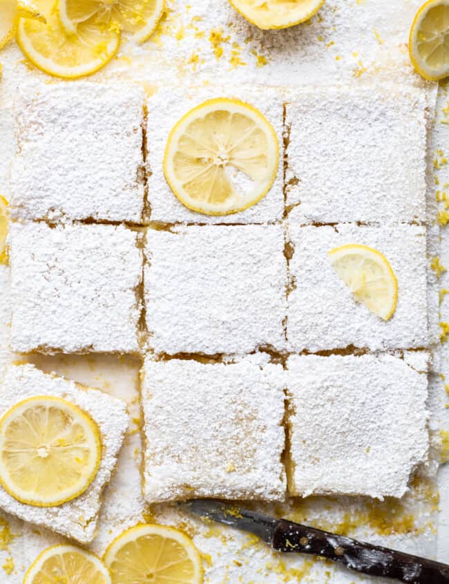 sliced lemon bars with lemon slices