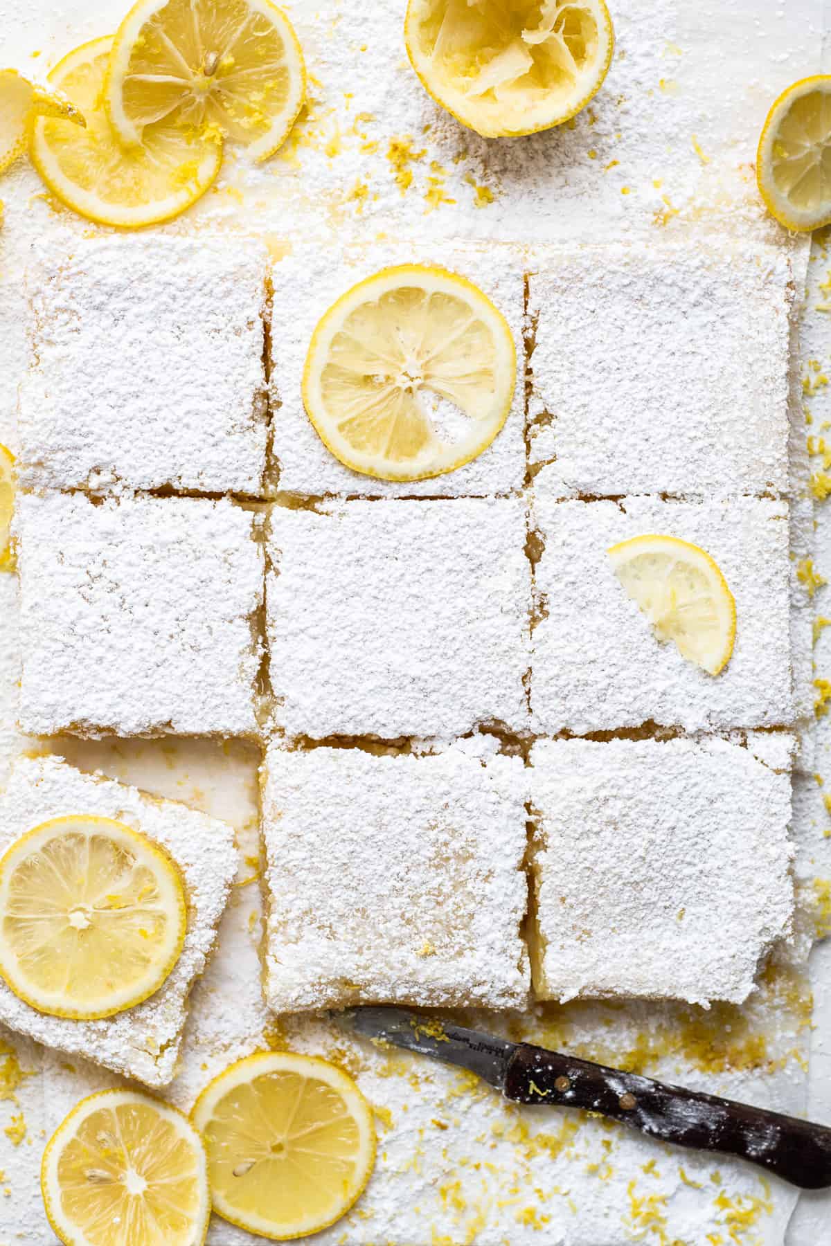 sliced lemon bars with lemon slices