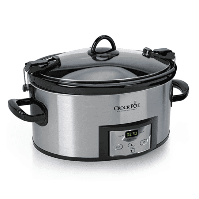 a stainless steel slow cooker on a white background.