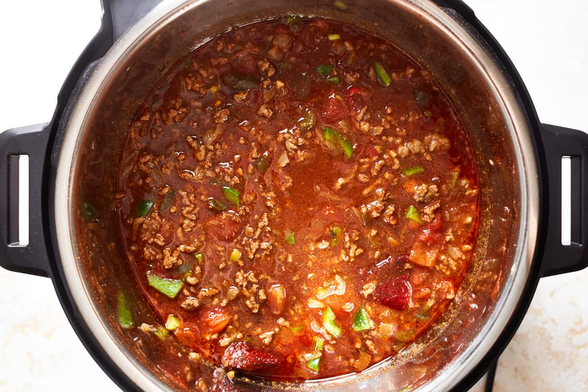 Chili ingredients in an instant pot.