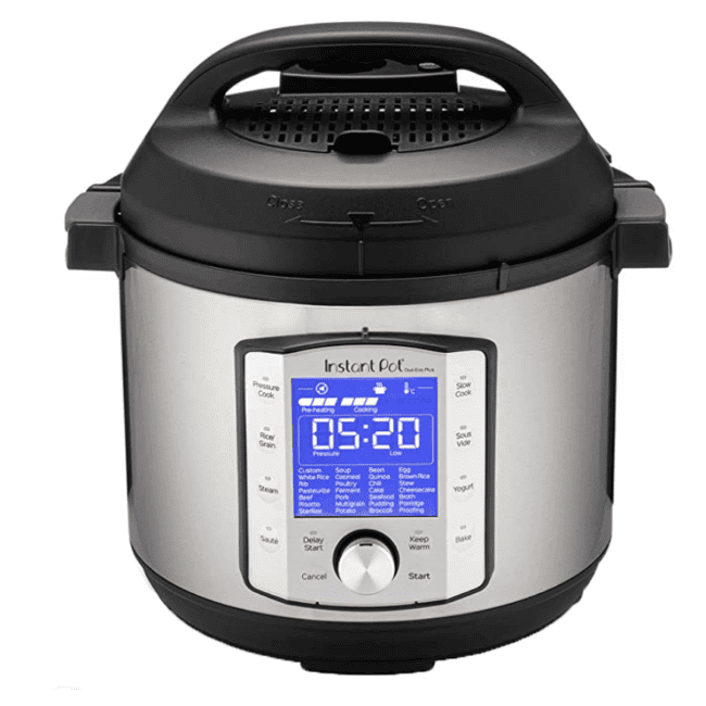 an electric pressure cooker with a digital display.