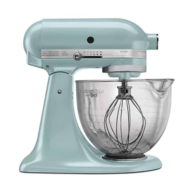 a kitchenaid mixer in a light blue color.