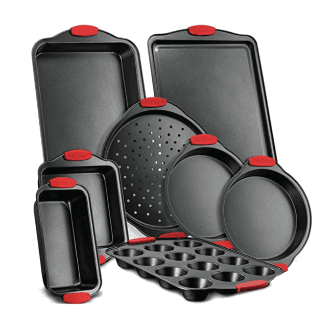 a set of black baking pans with red handles.