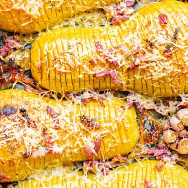 squash hasselback with bacon and cheese.