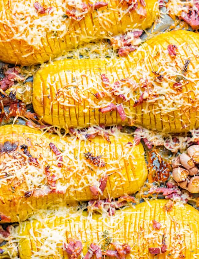 squash hasselback with bacon and cheese.