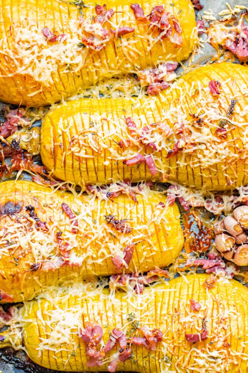 squash hasselback with bacon and cheese.