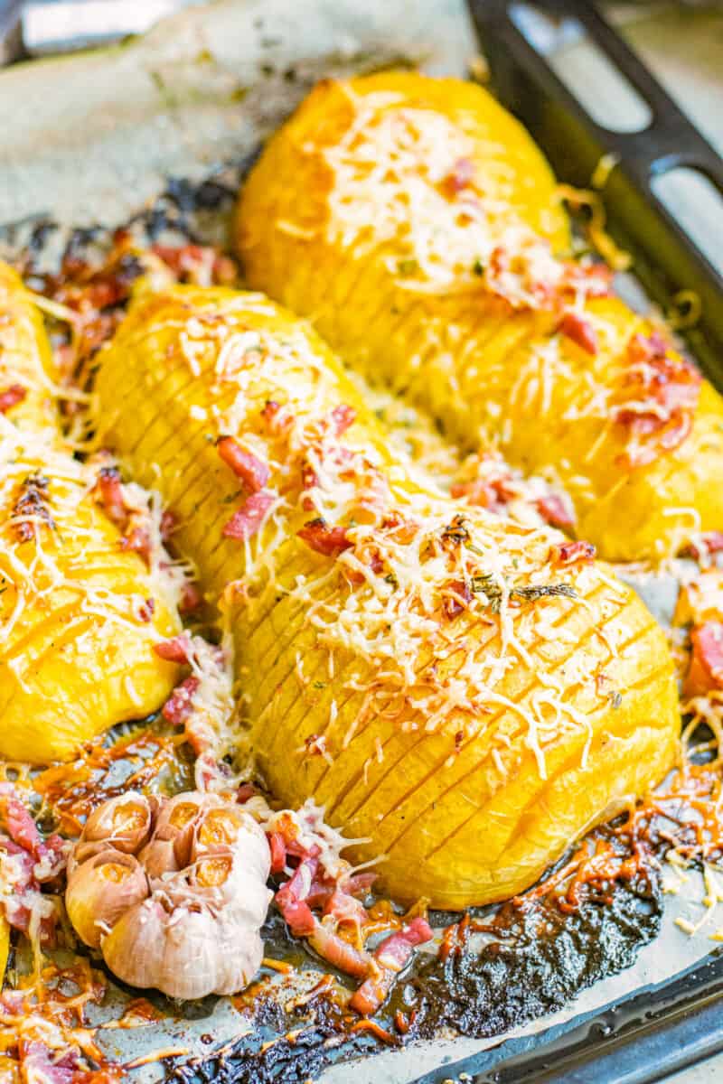 up close image of butternut squash with bacon and cheese