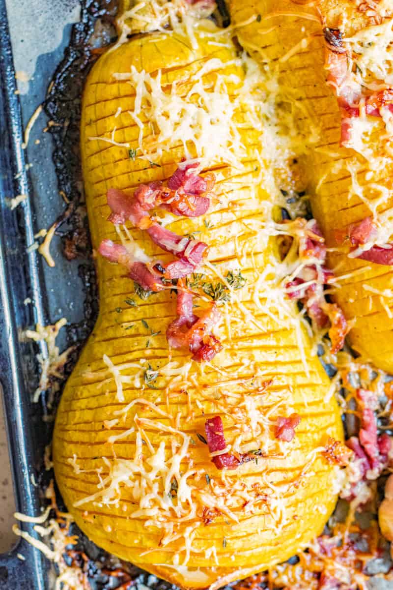 up close image of squash on a baking sheet.