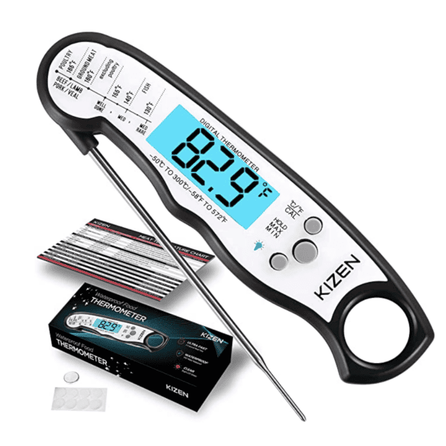 a digital meat thermometer with a box.