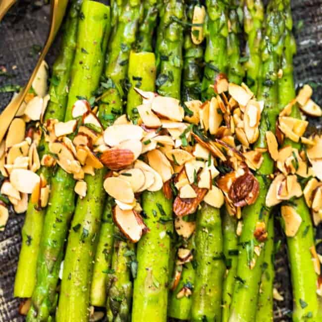 asparagus almondine on platter