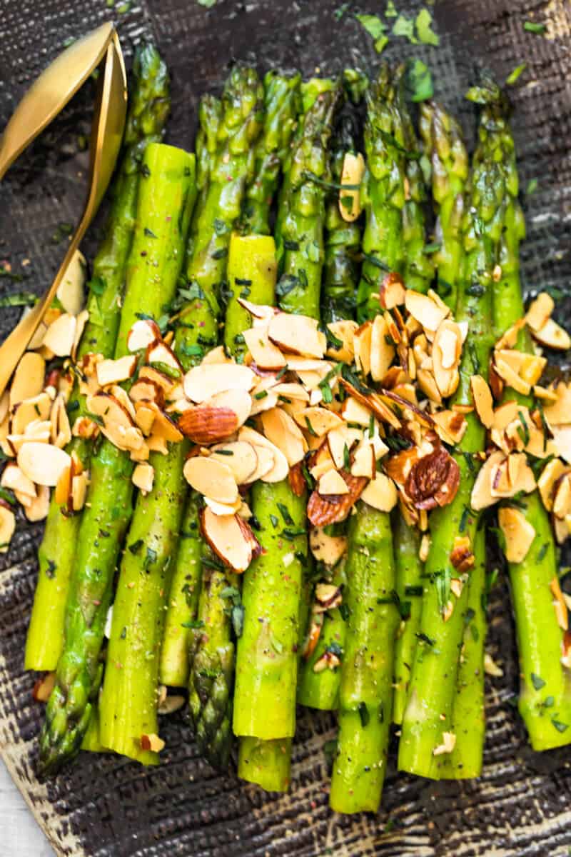 asparagus almondine on platter
