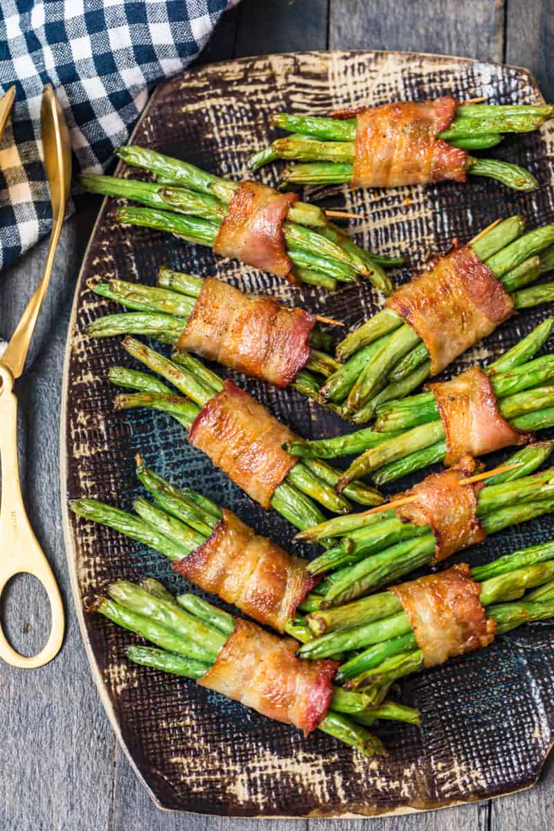 platter with green beans wrapped in bacon