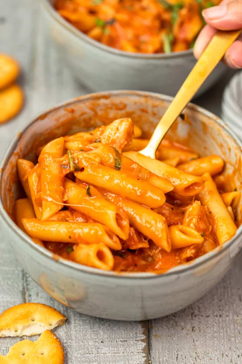 grey bowl of chicken parm soup