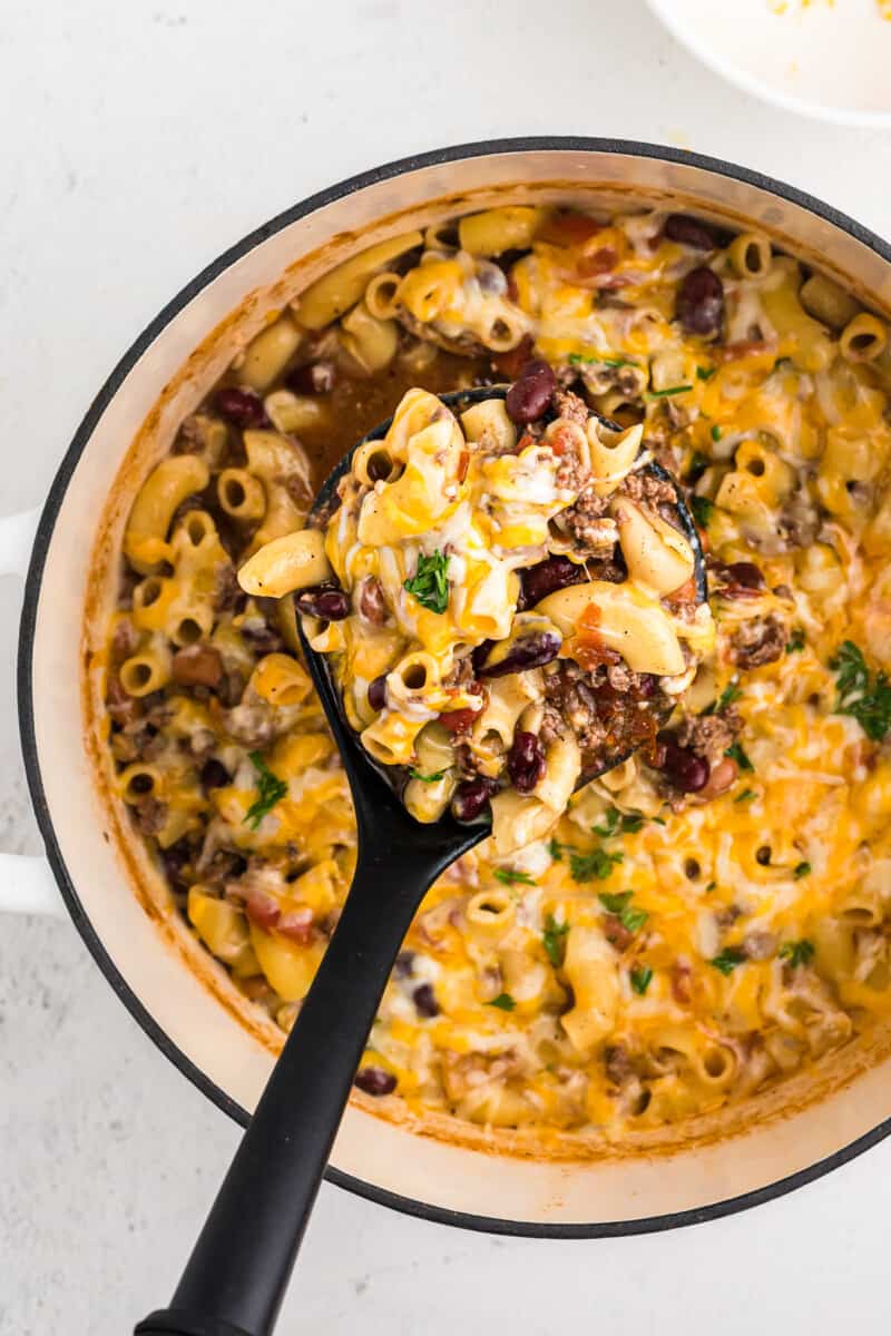 chili mac lifted up by spoon