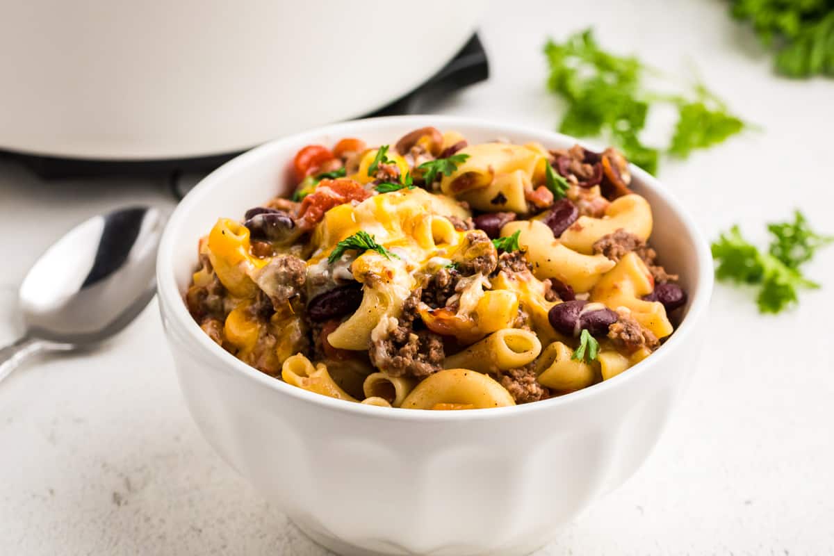 bowl of cheesy chili mac