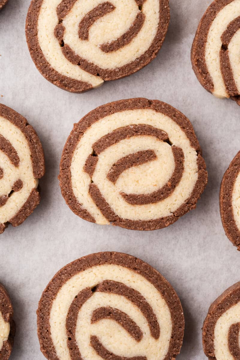 chocolate vanilla pinwheel cookies up close
