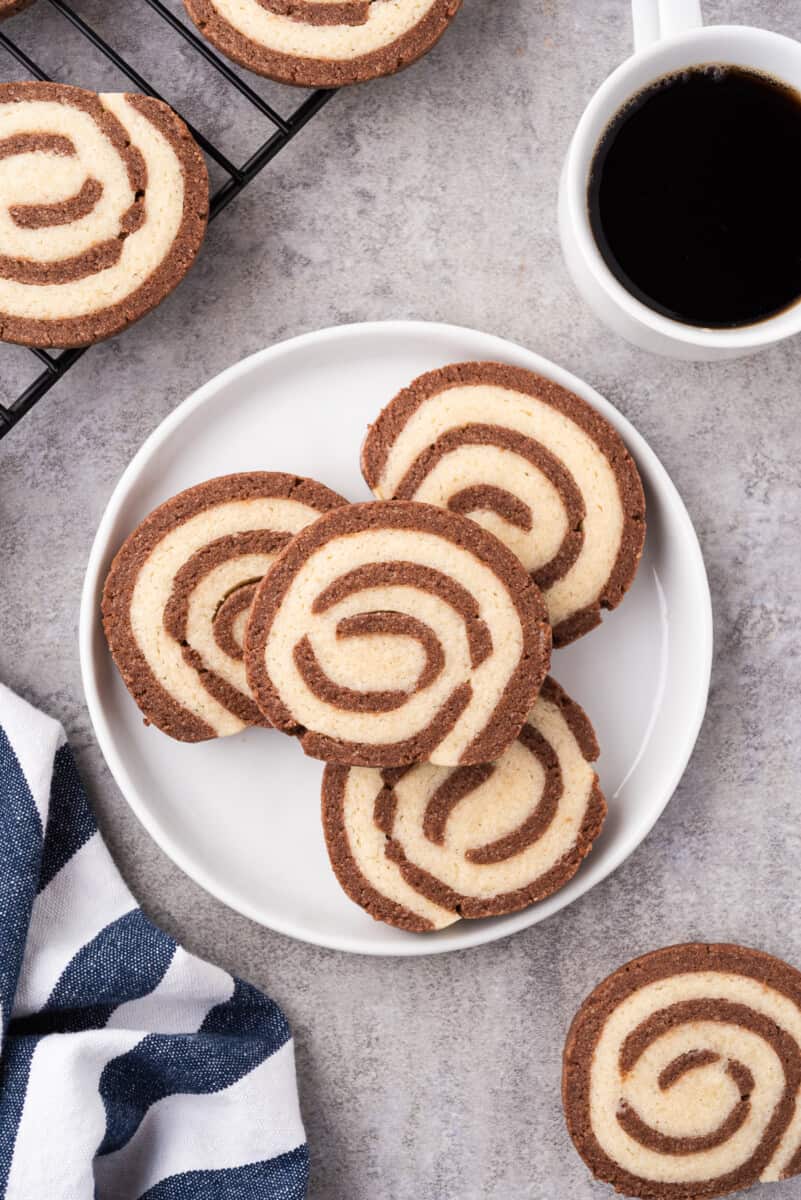 white plate with pinwheel cookies