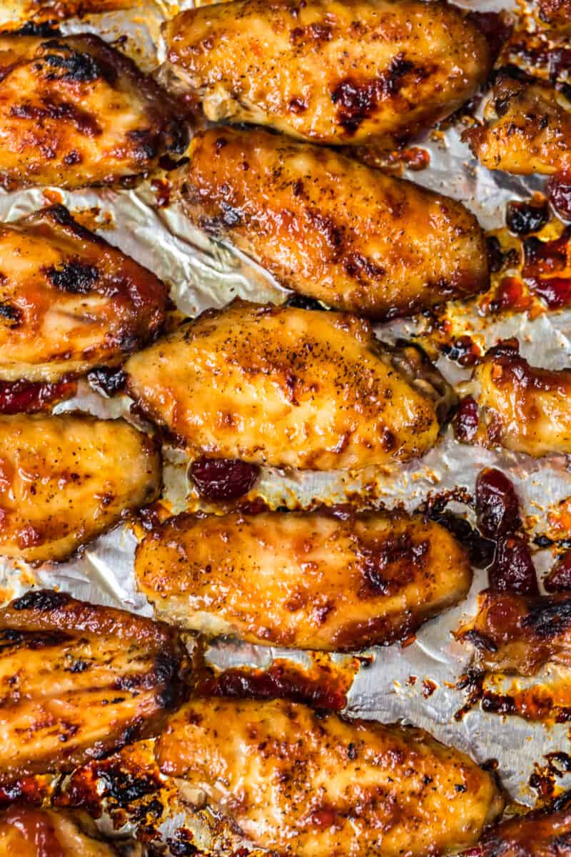 baked cranberry chicken wings on sheet pan